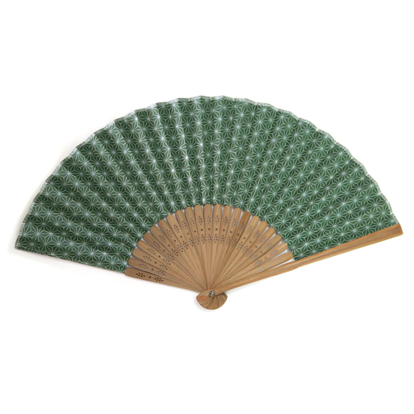 印傳のような紙の扇子【麻の葉】濃緑
