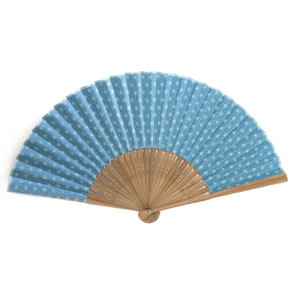 印傳のような紙の扇子【麻の葉】にぶ青
